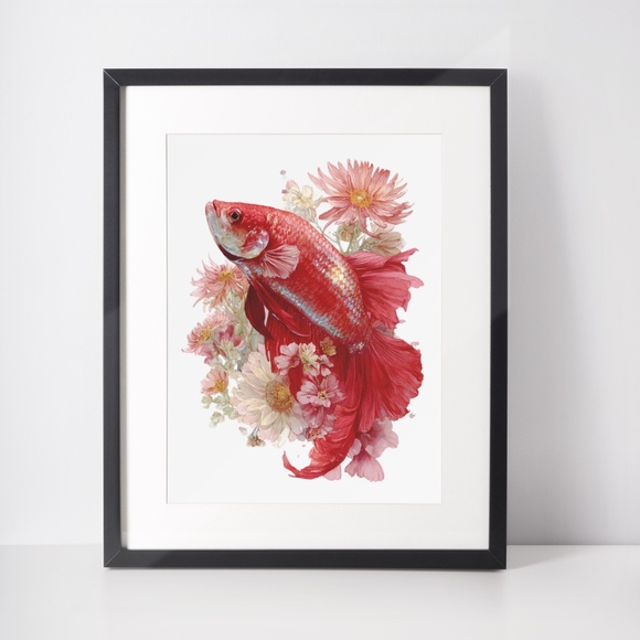 Watercolor Betta Fish with Flowers Wall Art Print Unframed - Enchanting Aquatic - Picture 3 of 6